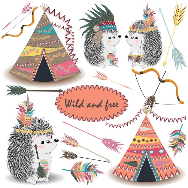 Vector tribal collections set with teepee tens arrows feathers tribal borders and feather headdress