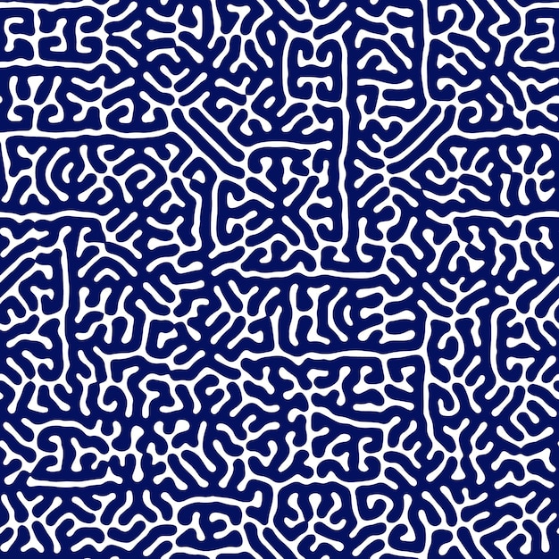 Tribal ethnic ornament Turing reaction diffusion blue and white seamless pattern