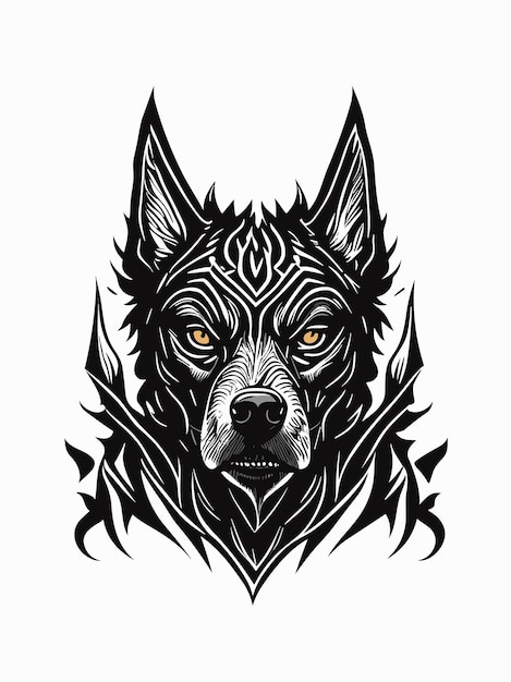 トライバル・イブ・ドッグ・ヘッド (tribal evil dog head) はインクとスプラッターで描かれた絵画イラストモノクロームで描かれたアートワークです