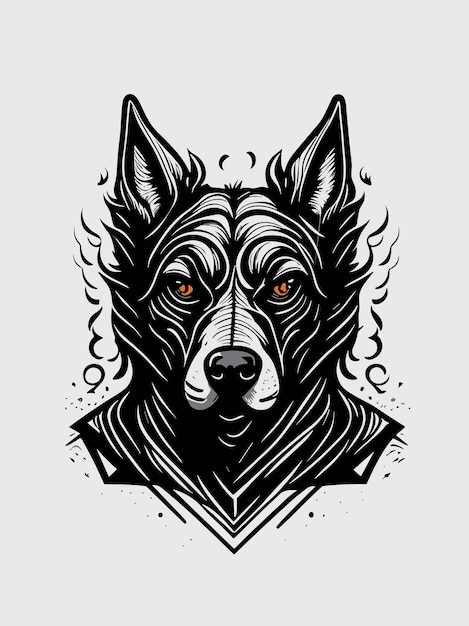 Vector tribal evil dog head sketch in ink and splatter drawing illustration artwork in monochrome