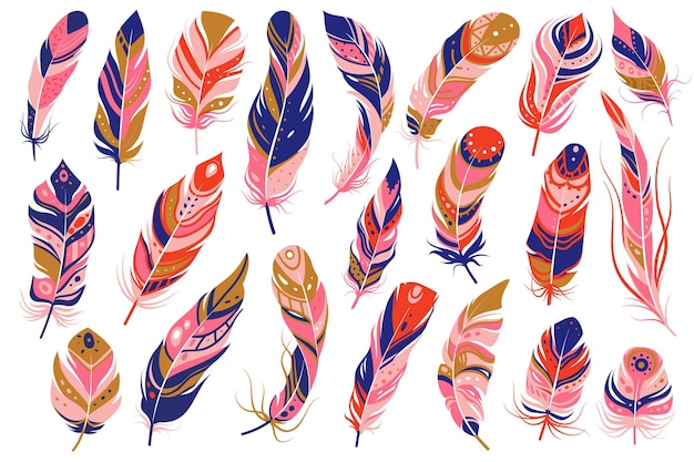 Tribal feathers. Decorative ethnic stylize feather ornamental indian aztec design, colored boho hippie birds plume curved silhouettes, vector isolated set
