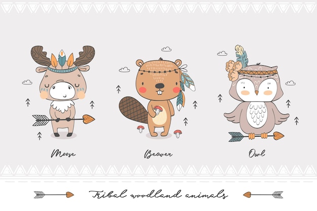 Вектор Племенные лесные животные рисованной иллюстрации персонажей