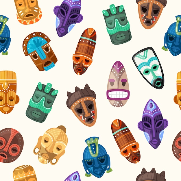 Vector tribal mask ethnic seamless pattern  illustration.   african warriors wooden face masks on human head or ceremonial afro totem with ancient horror ornament, traditional texture