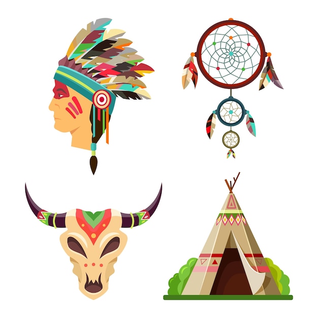 向量或符号组印第安人部落对象。apache首席羽毛头饰,追梦人,民族棚屋或圆锥形帐篷和印度的牛头骨的面具