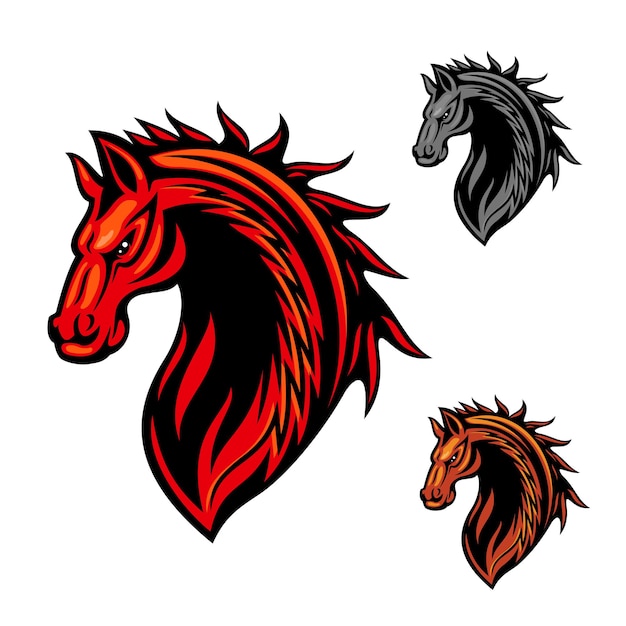 Tribal paardenhoofd clipart met felrode krullende ornamenten van vuurvlammen