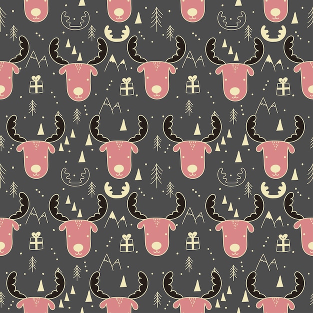 Tribal seamless pattern with cartoon deers cute animals presents fir tree mountains