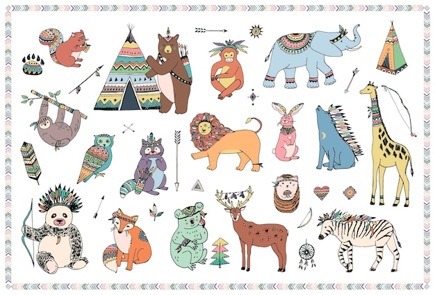 Tribale dieren bos Afrikaanse Aziatische vector illustraties set