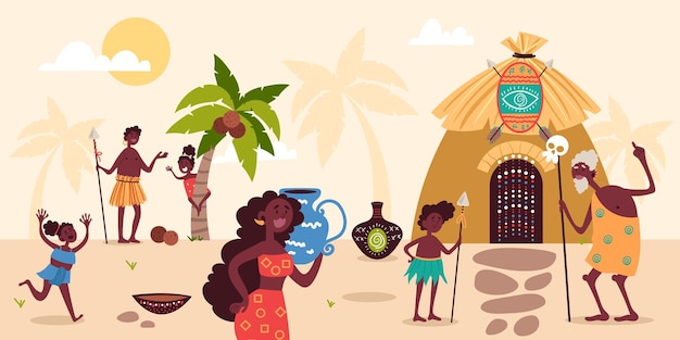 Vector tribe african people cute family happy parents children and grandfather in national clothes landscape with hut and palm trees household ethnic tool vector cartoon isolated concept