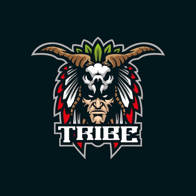 バッジエンブレムとTシャツ印刷用のモダンなイラストコンセプトスタイルを使用した部族のマスコットのロゴデザイン スポーツおよびeスポーツチームの部族の頭のイラスト