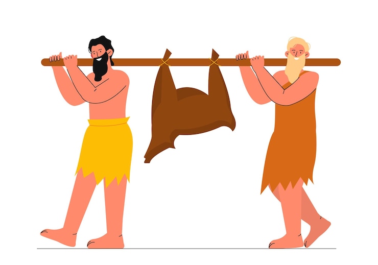 वेक्टर tribe people scene concept two men hunter with prey on stick guys with beard catch animal characters