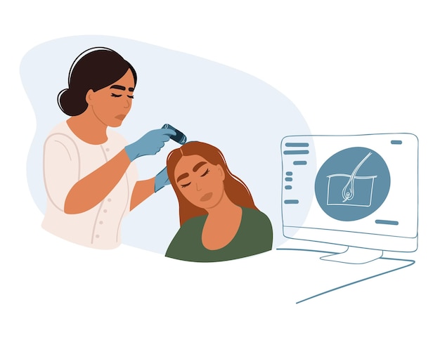 Trichological and dermatological examination of the scalp and hair follicles in the clinic.