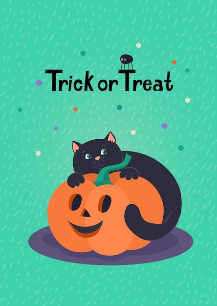 トリック オア トリート ハロウィン グリーティング カードとかわいい黒い子猫とジャック o ランタン カボチャ