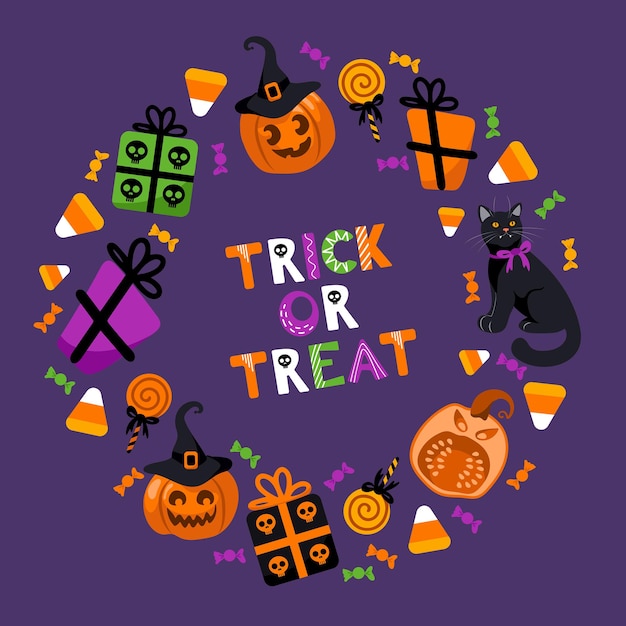 Trick or treat Halloween heldere vectorillustratie Pompoen lantaarn heks hoed lollies geschenken