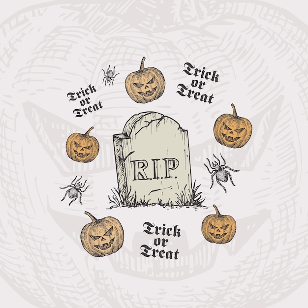 Trick or Treat Halloween Vector achtergrond of kaart sjabloon Hand getekende grafsteen en pompoenen met Spider schets en Vintage typografie vakantie decoratieve compositie