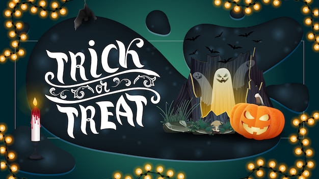 Trick or treat, horizontale groetbanner met portaal met spoken en pompoen Jack