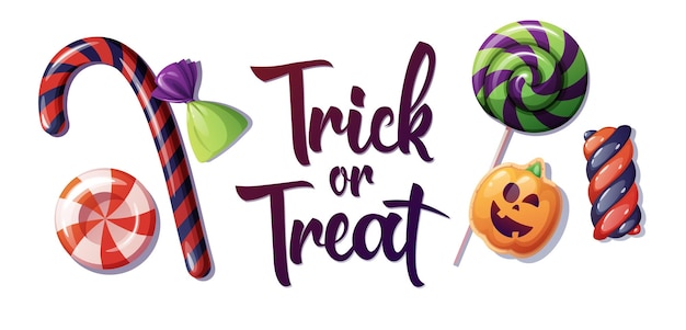 Надпись trick or treat с конфетами рукописная надпись векторная иллюстрация для баннерного плаката