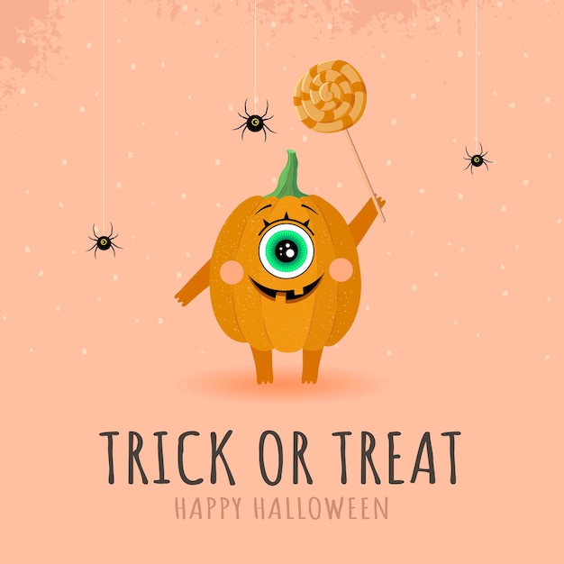 Trick Or Treat 포스터 호박 캐릭터와 롤리팝