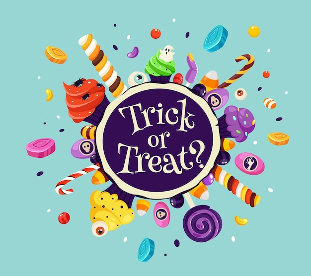 トリック・オア・トリート。ハロウィーンのお菓子やキャンディーのセットです。フラットスタイルのイラスト。