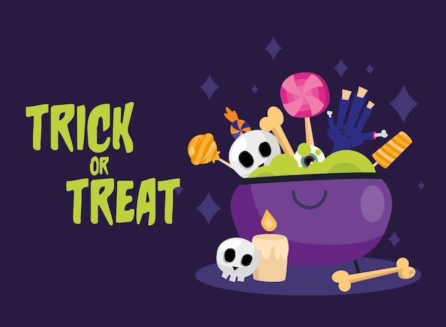 Trick or treat snoepjes in het ontwerp van de heksenkom, enge halloween-thema