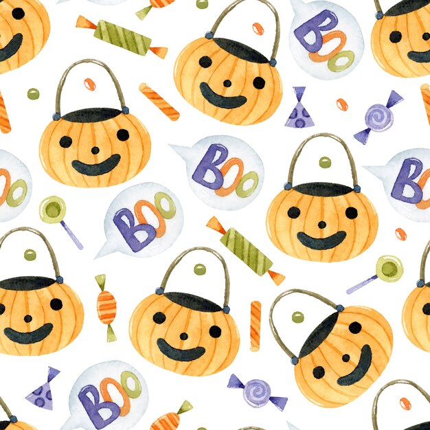 Trick or treat bag and candies watercolor Halloween seamless pattern