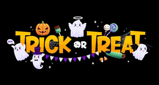 Vector trick or treat banner with cute kawaii ghost characters and sweets vector halloween holiday funny pumpkin skull and zombie lollipops corn candy and witch finger cookie cobweb and flags garland