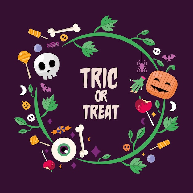 Vector trick or treat candies with leaves circle design, halloween scary theme