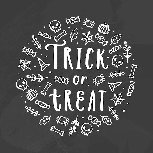 Vector trick or treat. chalk illustration. vector hand drawn lettering and doodles