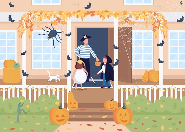 Trick or treat flat color vector illustration. Halloween celebration. Children on home porch. Autumn holiday. People in costumes 2D cartoon characters with decorated home on background