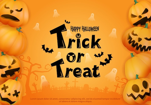 Trick or treat greeting card with pumpkins on orange background