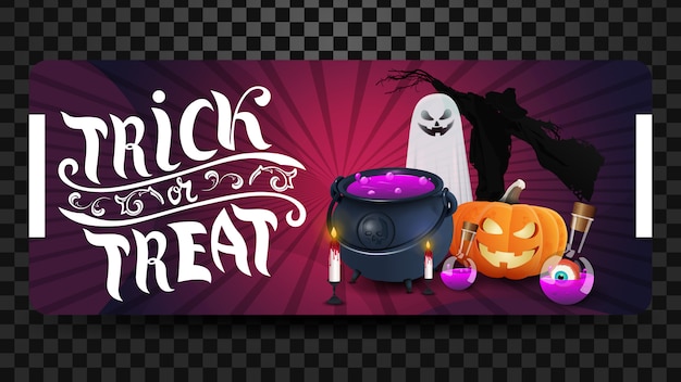 Vector trick or treat, greeting pink horizontal postcard