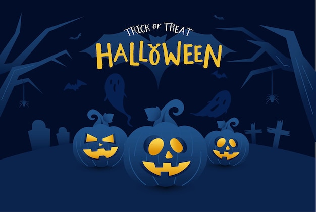 Vector trick or treat halloween banner with three pumpkins  on scary night background.