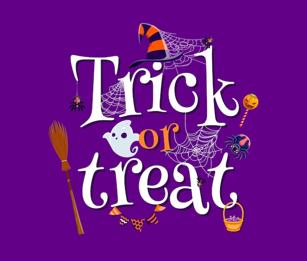 Trick or treat Halloween holiday banner with cobweb spiders and kawaii ghosts vector characters Cartoon horror night monsters witch hat broom trick or treat candies lollipops and flags garland