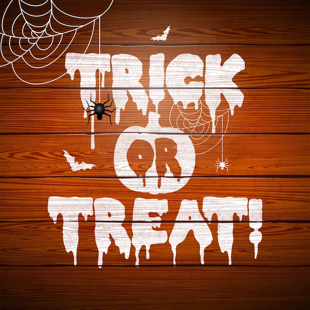 Vector trick or treat halloween illustration with spooky pumpkin sihouette flying bats and spider on vintag...