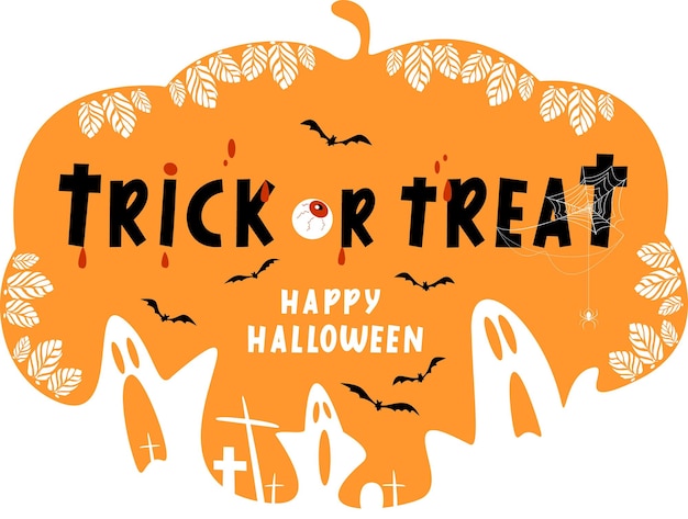 Trick or treat Halloween lettering on orange background Funny ghosts with haunted house