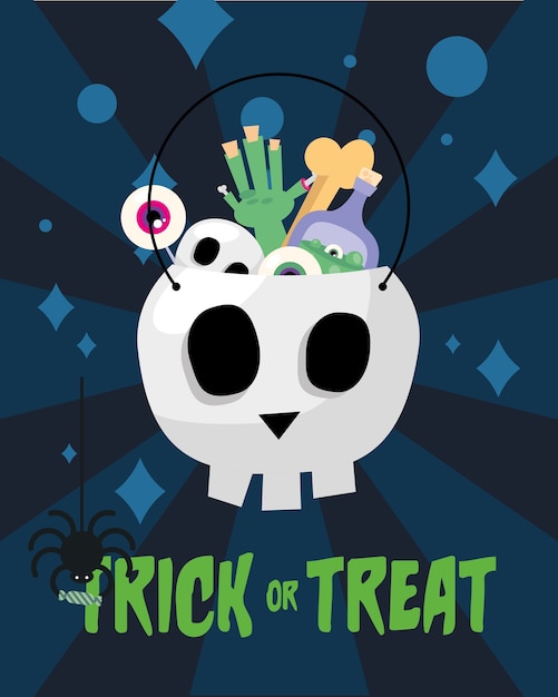 Trick or treat hand bone and poison inside skull head design, halloween scary theme