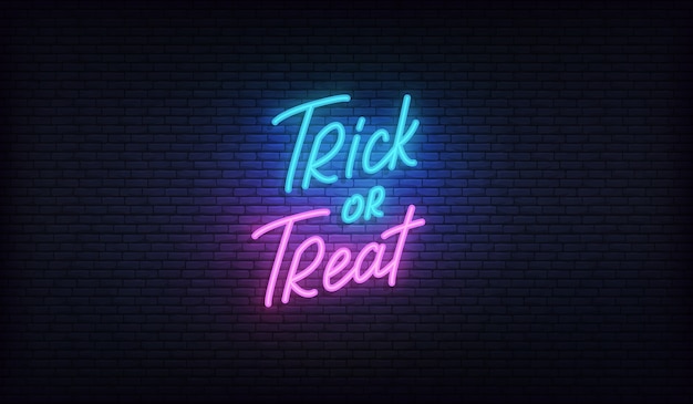 Vector trick or treat neon lettering sign. halloween holiday   design.