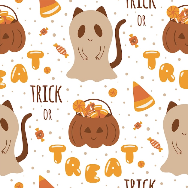 Dolcetto o scherzetto modello dolci caramelle di halloween modello senza cuciture loli pop zucca dolcetto o scherzetto borsa gatto fantasma dolce bambini sfondo per halloween illustrazione vettoriale progettazione di carta da parati di halloween