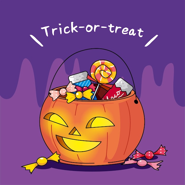 Vector trick or treat pumpkin lantern full of candies