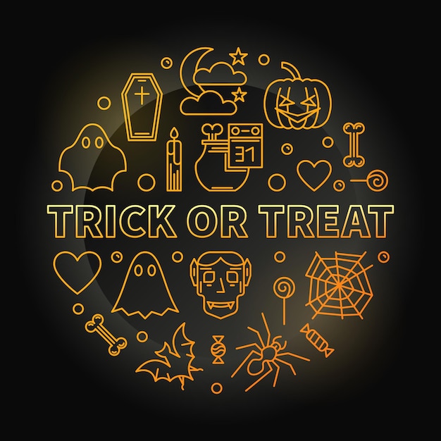 Trick or Treat 라운드 노란색 윤곽선 벡터 크리에이 티브 일러스트레이션 또는 배너