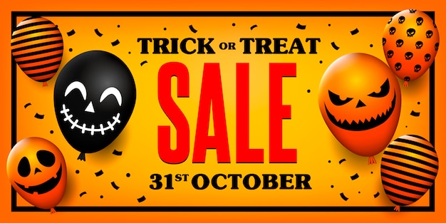Trick or treat sale banner with scary balloons