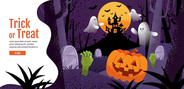 Trick or treat scary background with pumpkin, ghost, castle, moon