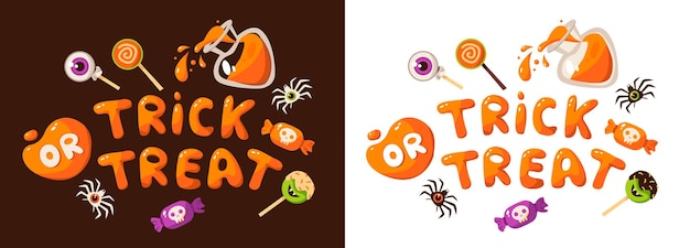 Trick or treat text. halloween banner or party invitation background. sweets, spiders and potions.