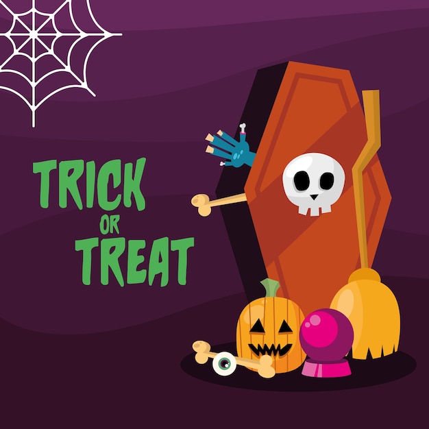 Trick or treat with coffin and pumpkin design, halloween scary theme