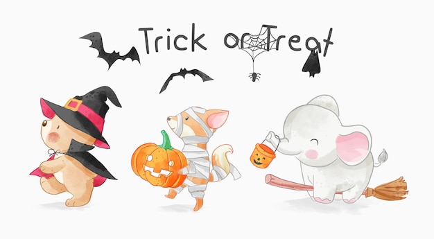 Trick or treat with cute animals in Halloween costume illustration