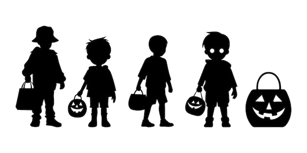 トリックオアトリートのハロウィーンの子供たちのシルエットとキャンディーのバケツ