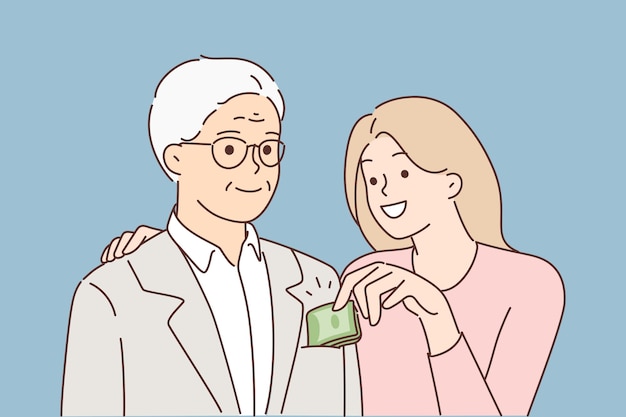 Tricky woman take money of old man pocket