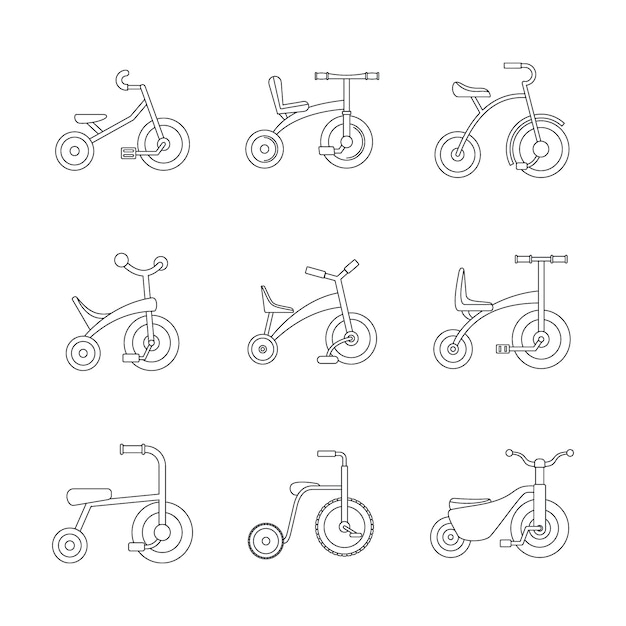 Tricycle bicycle bike wheel icons set