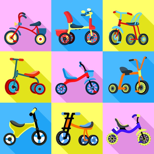 Вектор Набор иконок трехколесный велосипед. плоский набор трехколесного вектора