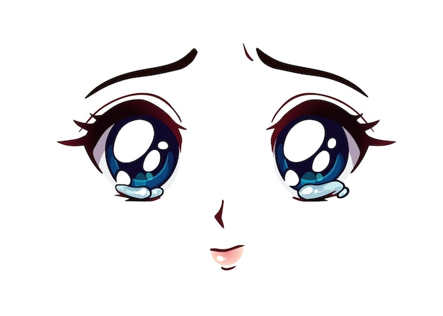 Vector triest anime-gezicht. grote blauwe ogen in manga-stijl, kleine neus en kawaii-mond. tranen in haar ogen. hand getekend cartoon vectorillustratie.