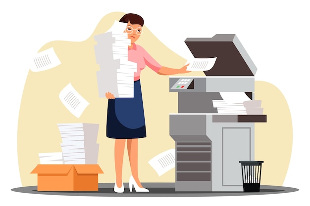 Triest ongelukkige secretaresse kopieert document stapel Overwerkte vrouw met stapel papier staande bij printer in kantoor Stressvolle bureaucratie